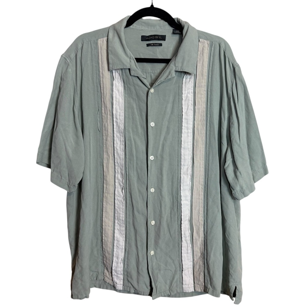 Axist Silk Green Striped Short Sleeve Vacation Lightweight Casual Button Down